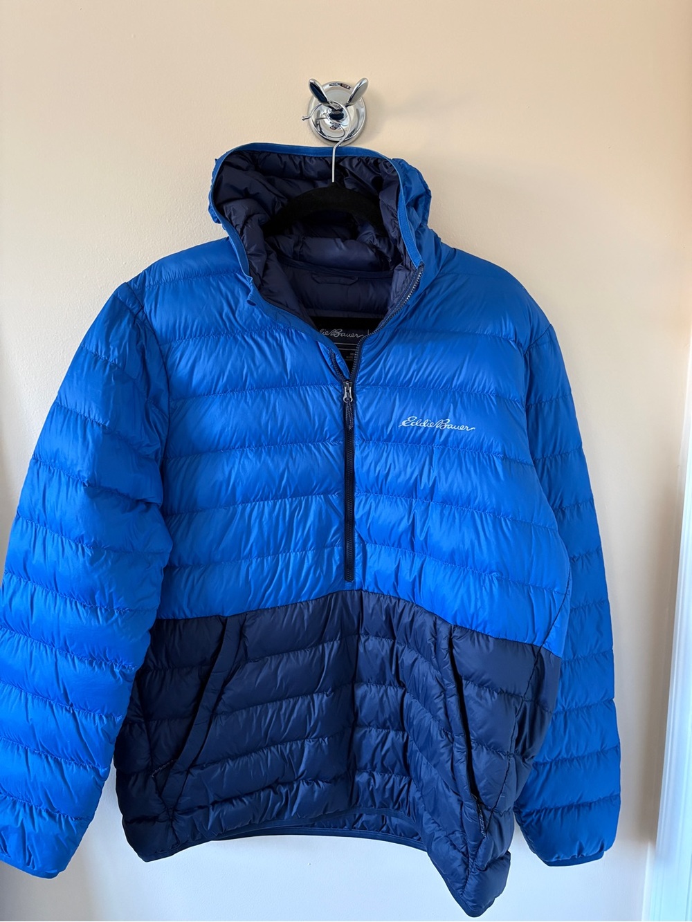 Eddie Bauer Bright Blue and Navy Colorblock Half-Zip Puffer